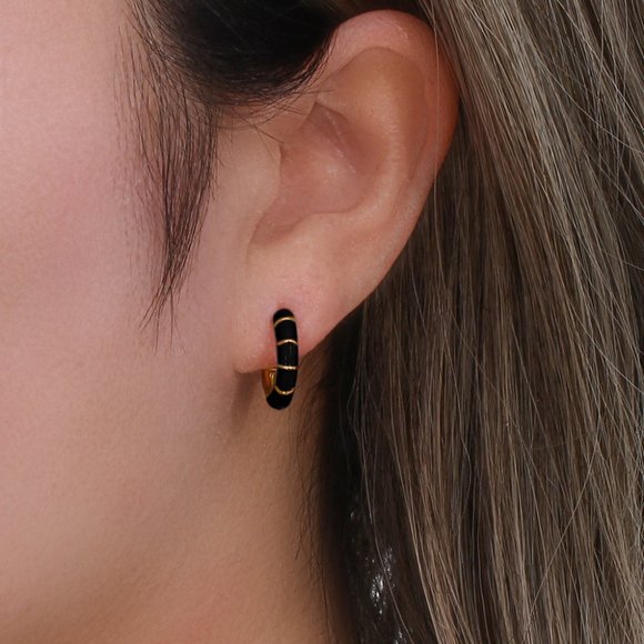 Black Enamel Bamboo C Shape Hoop Huggie Earrings 18K Gold Plated Stainless Steel - Picture 3 of 5